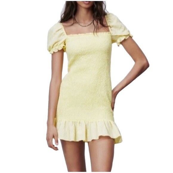 Zara Yellow Textured Weave Puff Sleeve Dress Small Blogger Favorite Preppy Women - Picture 1 of 16